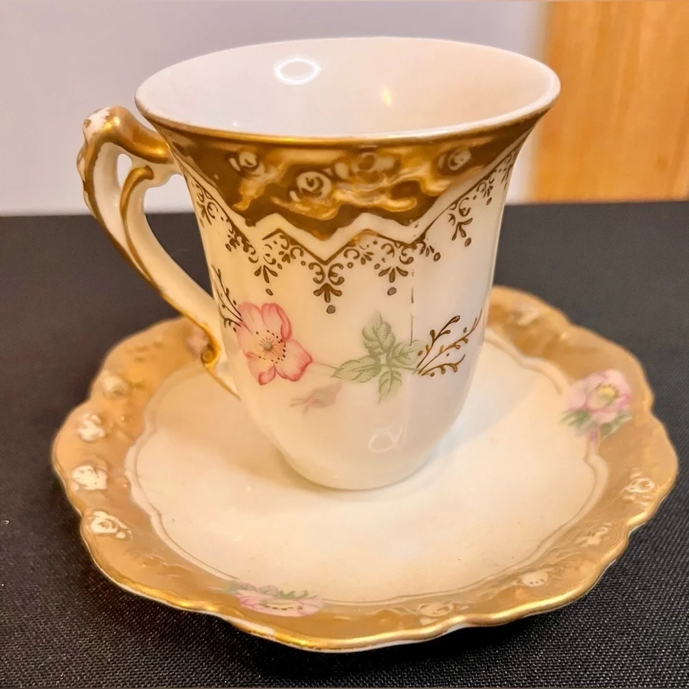 Vintage Victorian Ardco Chocolate Cup Saucer Set Hand Painted Floral Gold Trim